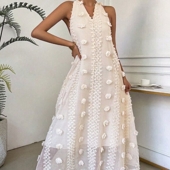 Apricot Sexy Women's Summer Vacation Deep V Halter Neck Texture Dress - Picture 3 of 6